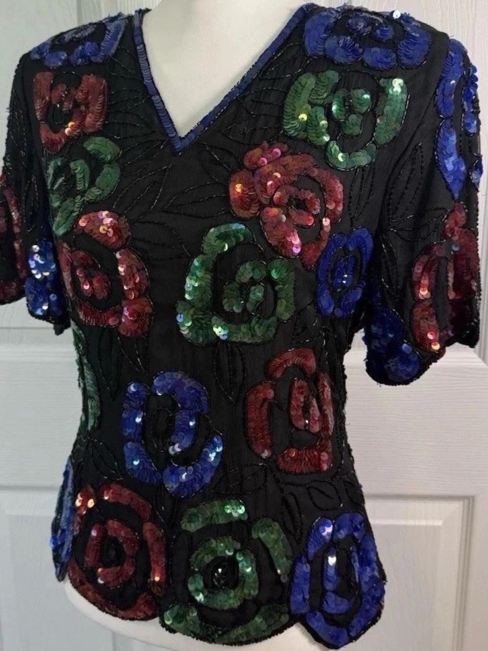 Stenay Black V-Neck Sequin Rose Appliqué Top with Multicolor Embellishments